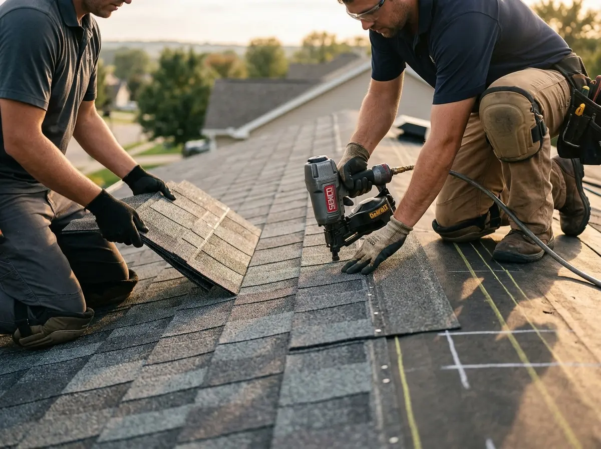 Professional roofer working on a residential roof in Clifton Heights